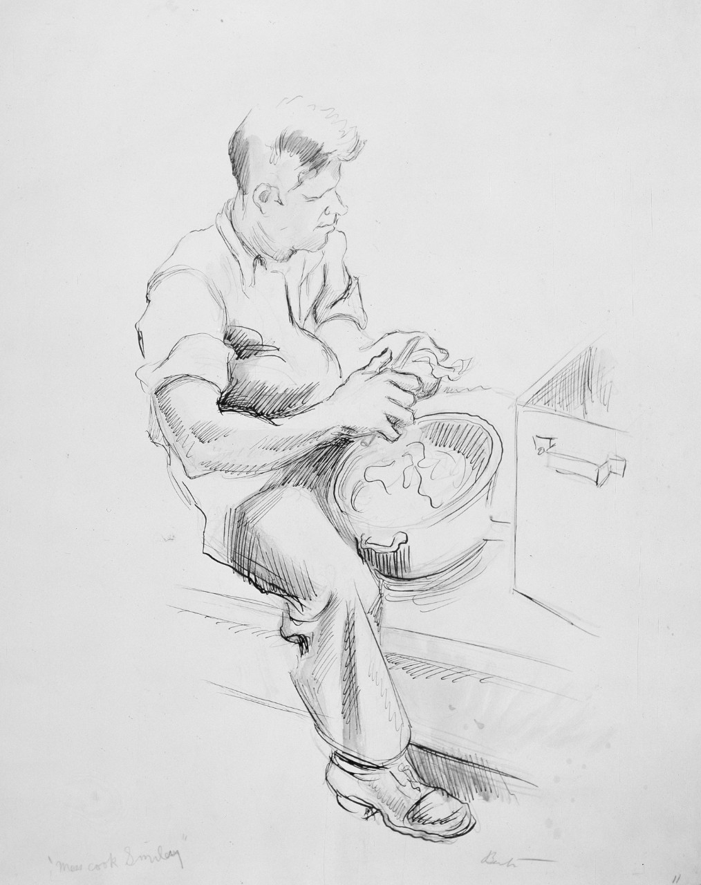 A sailor is peeling potatoes by hand 