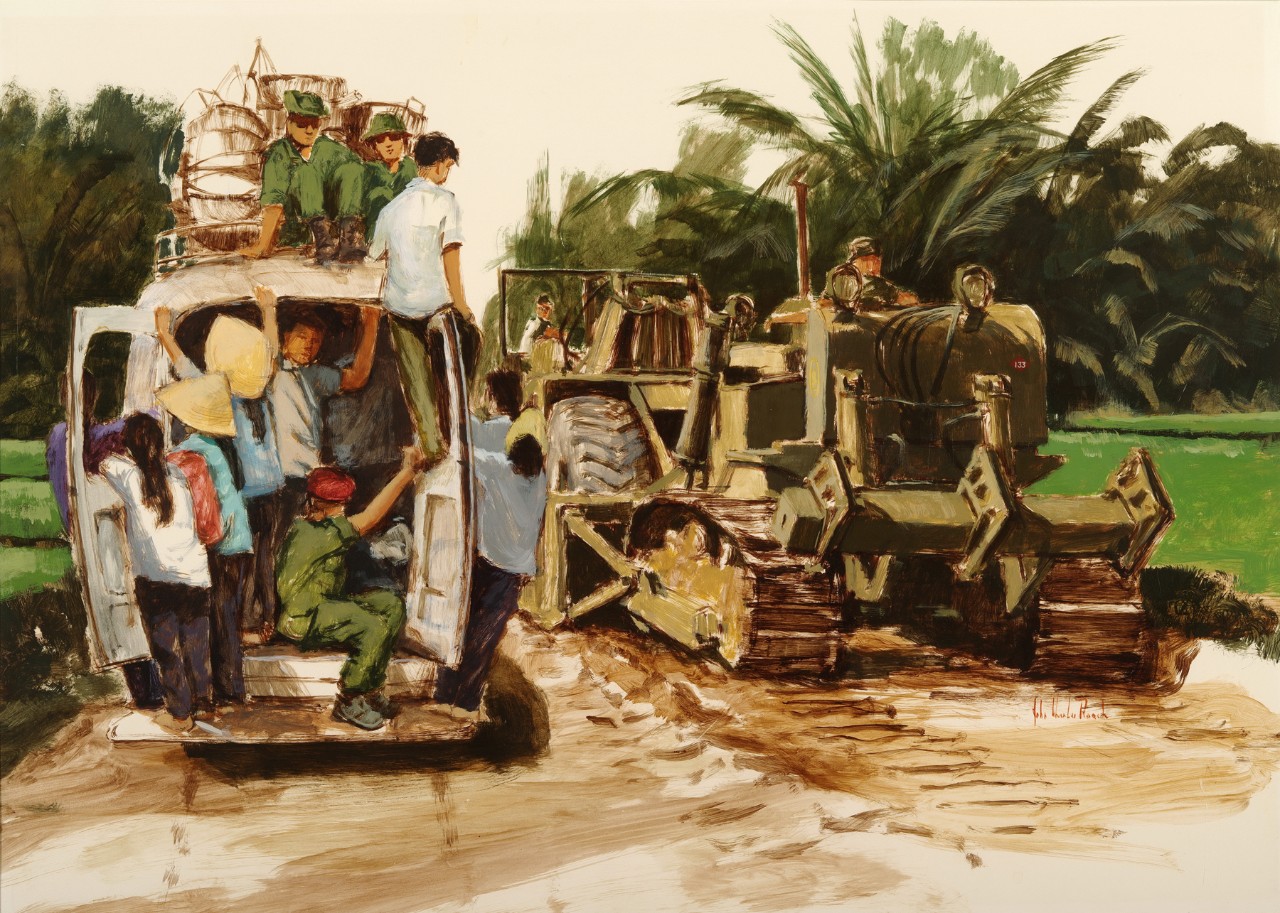 A van with several Vietnamese passes a seabee construction battalion