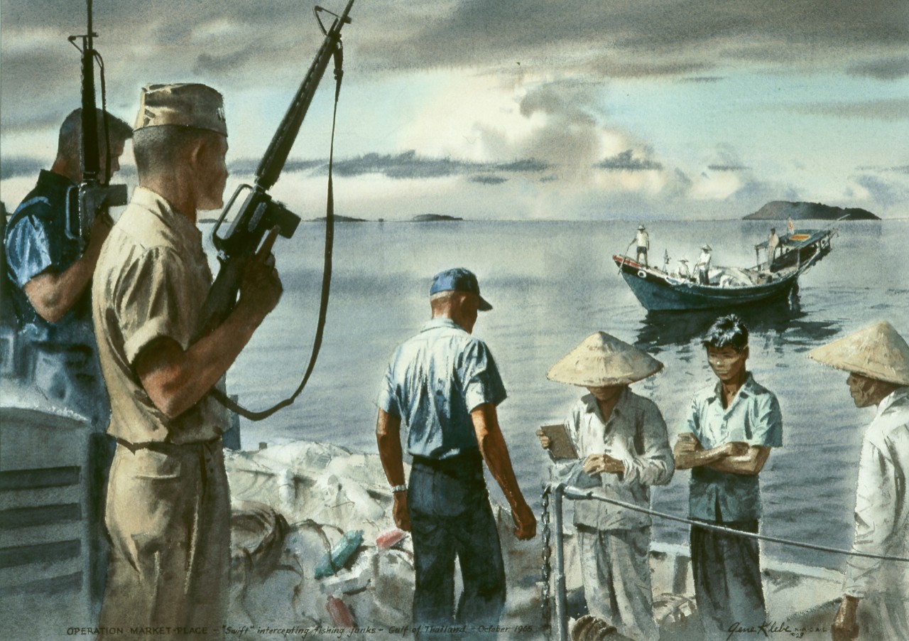 A navy patrol checks the papers of a Vietnamese crew