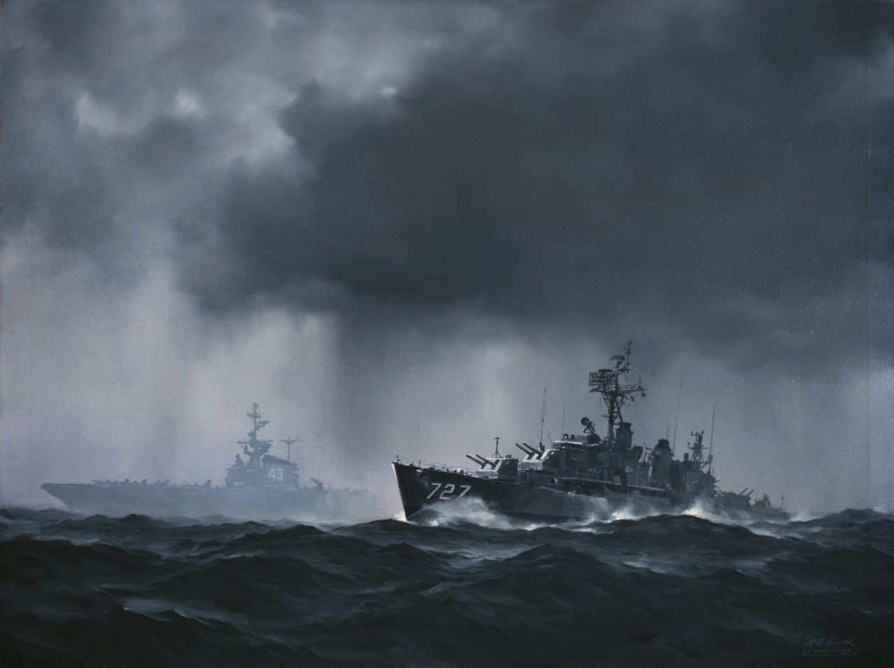 An aircraft carrier is in the background in a rainstorm with a destroyer in the foreground