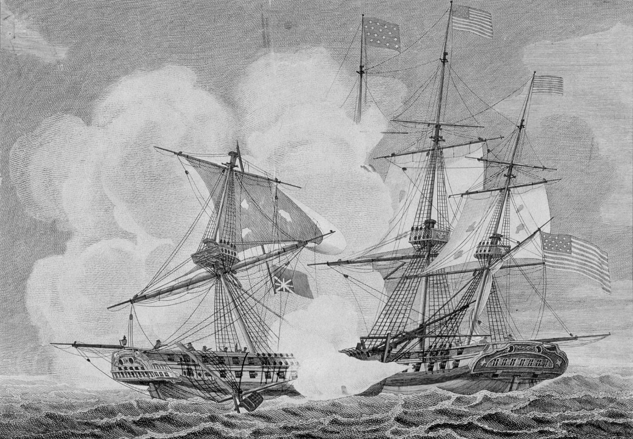 A battle between sailing ships, they are facing each other with the one on the right firing its canons