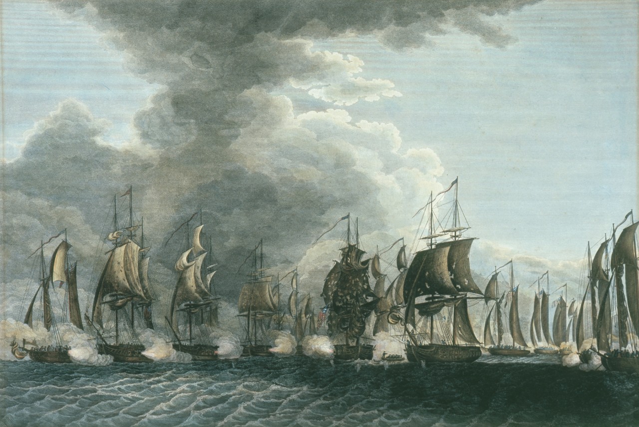 Sailing ships in two lines firing on each other