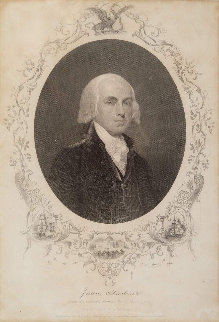 Portrait of James Madison the protrait is oval with an ornate boarder 