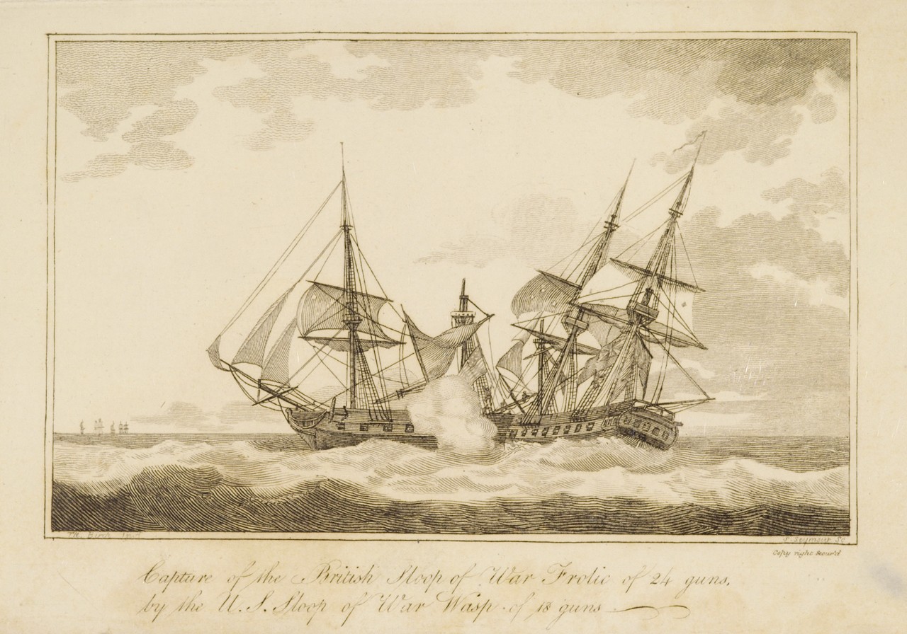 A sailing ship battle with the left ship getting demasted by the ship on the right