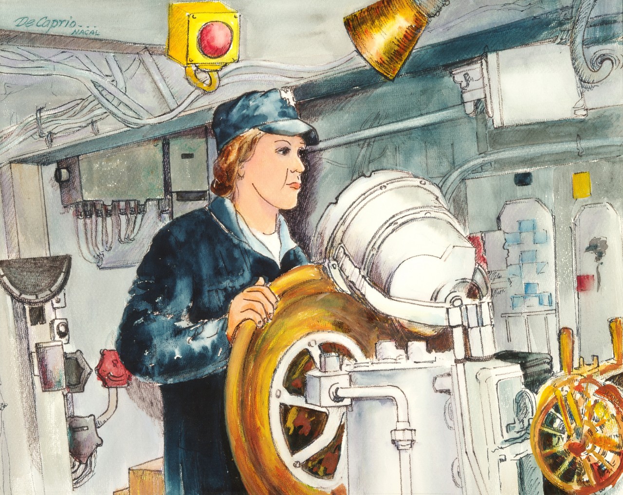 A female sailor is at the helm of a ship