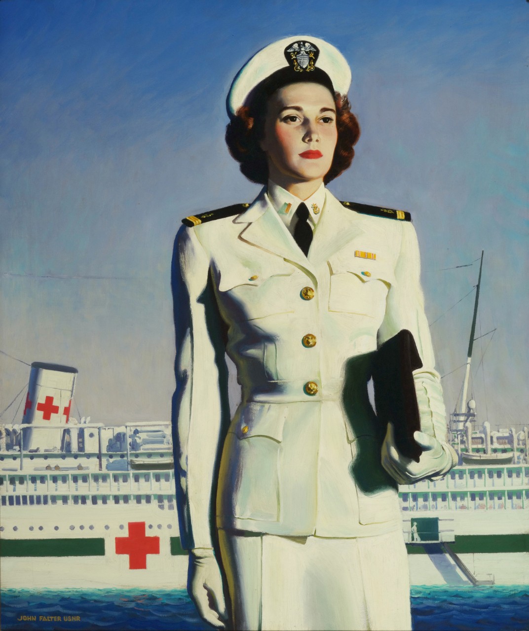 WAVE officer standing in front of a Hospital Ship