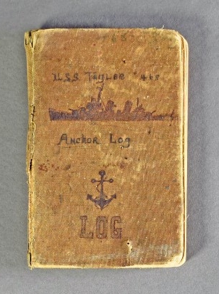 Anchor log of USS Taylor (DD-468), cover. Cover reads "USS Taylor 468 / Anchor Log / Log." There is a black silhouette of a ship and a fouled anchor.  