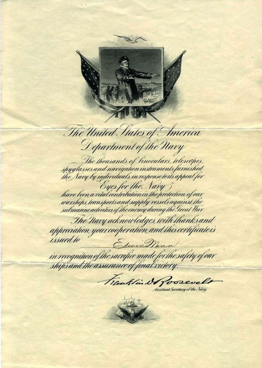 Certificate, Award, Eyes for the Navy, Navy, US