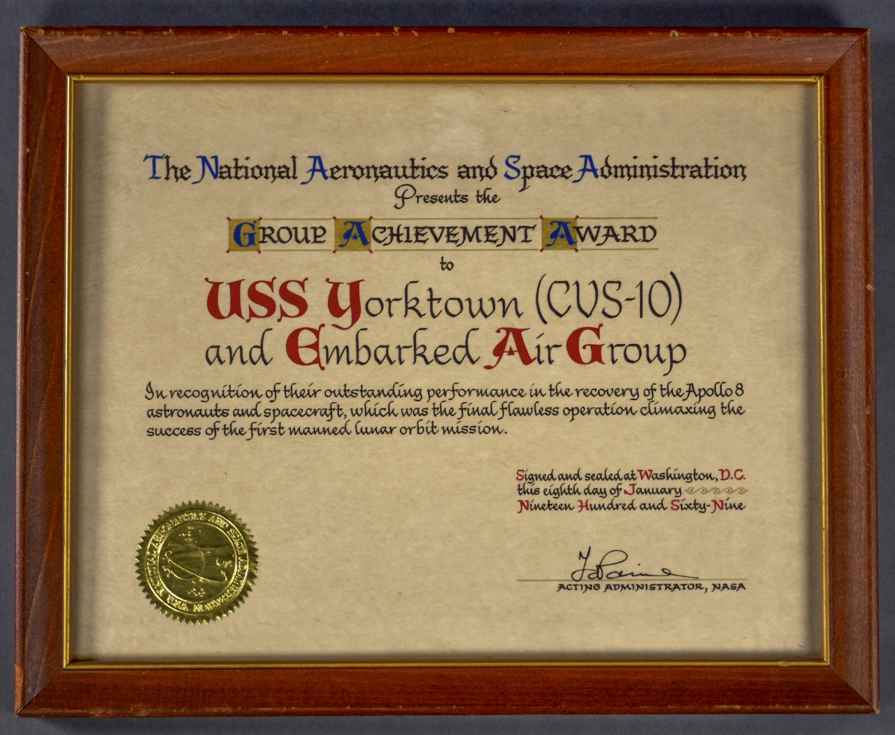 One certificate in old engish lettering given to USS yorktown crew on successful recovery for apollo 8