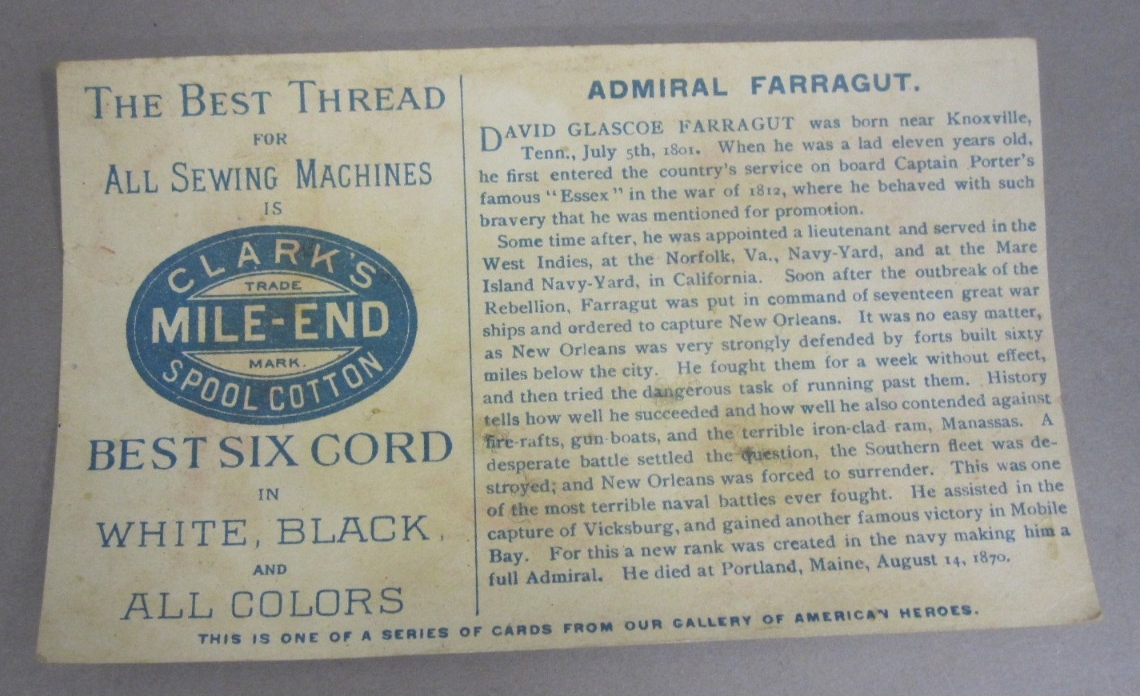 <p>Clark Thread Card Admiral Farragut Reverse</p>