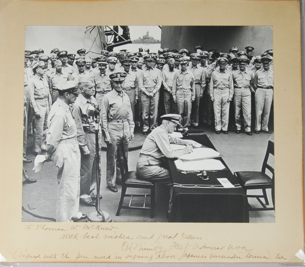 <p>Japanese Surrender Matted, Signed Photo, Nimitz to Thomas McKnew</p>