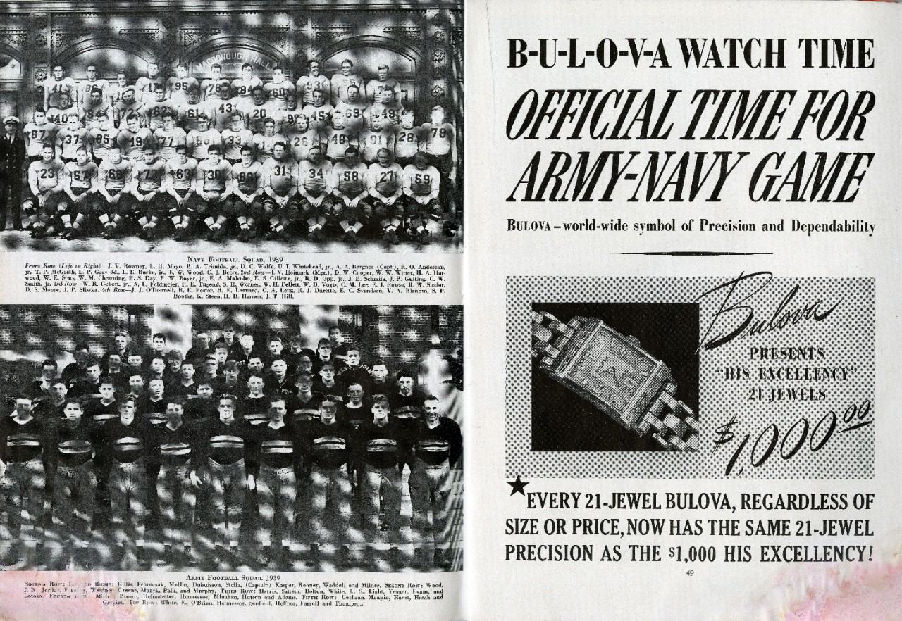 <p>Page 48 and 49 from the Army-Navy football game program. On page 48 are photos of the 1939 Navy and Army Football Squads. On page 49 is an ad for Bulova watches.</p>
