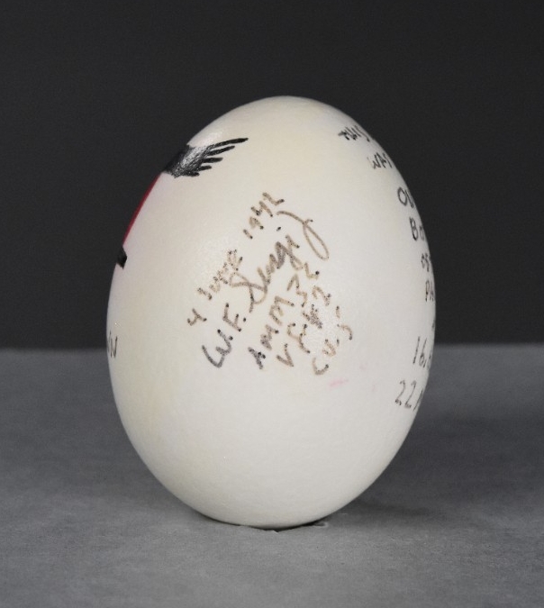One egg, emptied of its contents, painted and signed. One side is marked “4 June 1942 / W.F. Surgi / AMM3c / VF-42 / CV-5”.