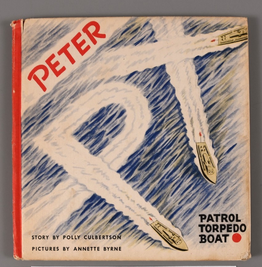Hardcover book "Peter PT" with illustrated image of three boats spelling out PT in the water.
