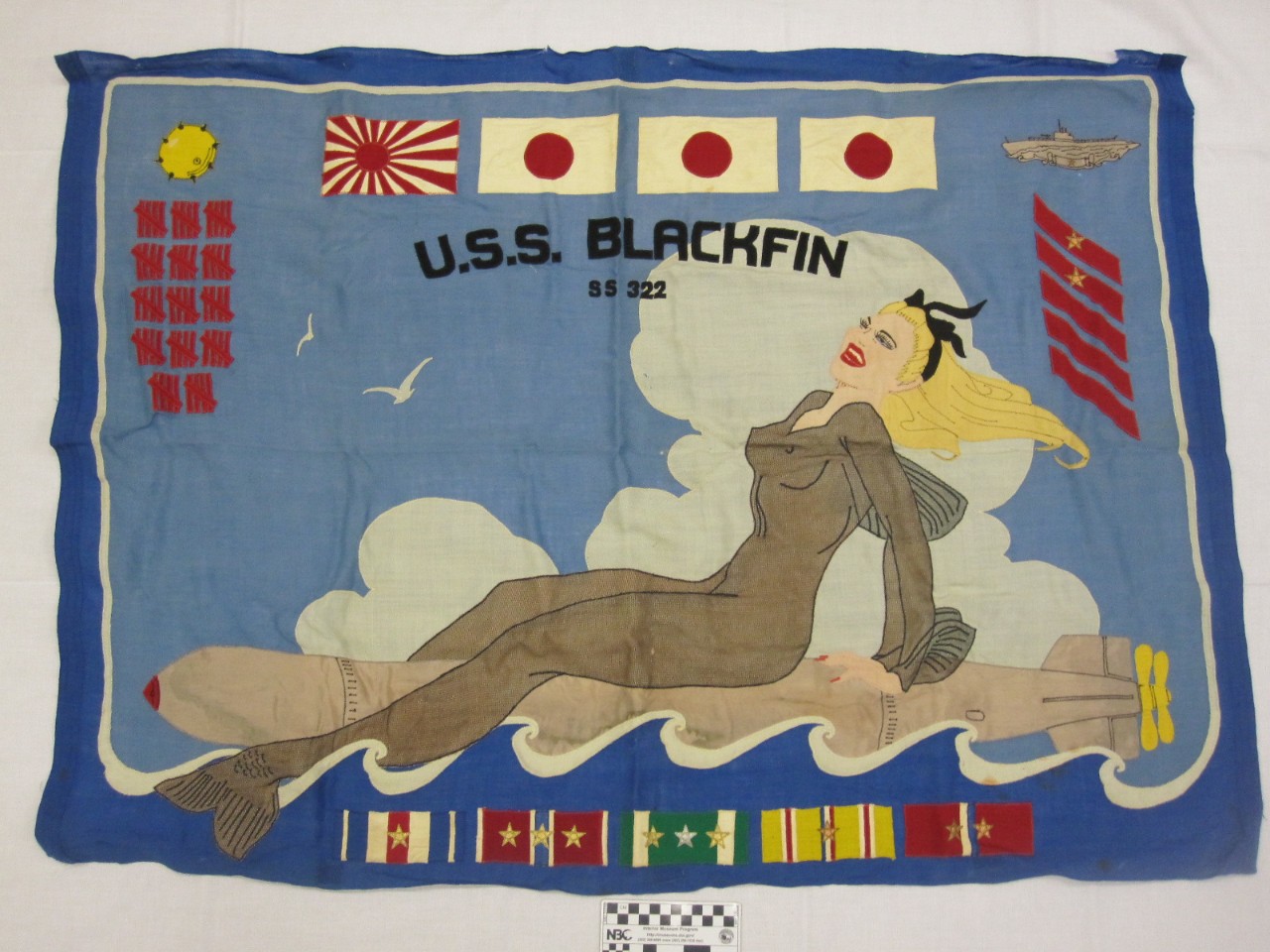 Mermaid riding a torpedo with japanese flags at the top and awards at the bottom