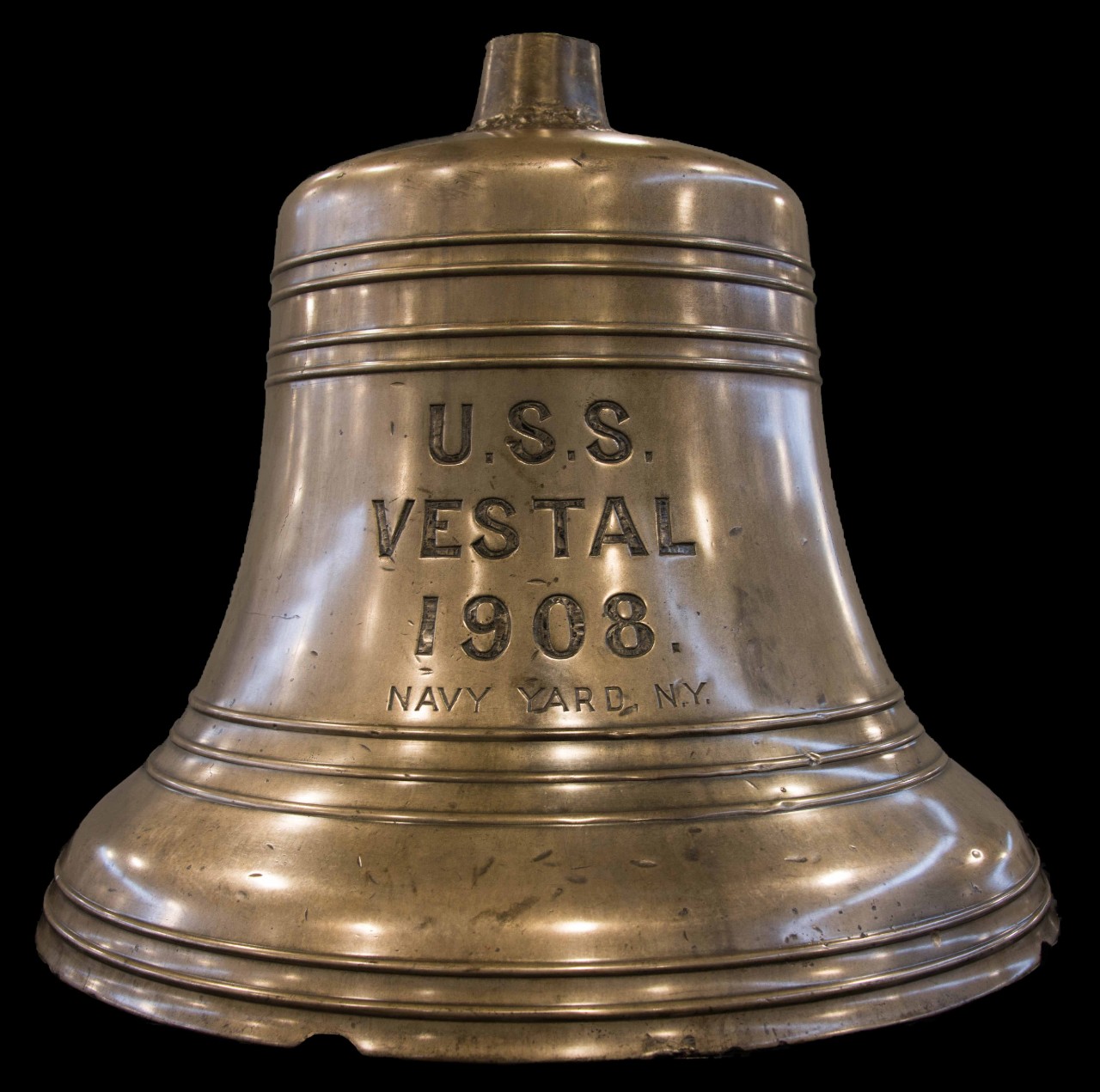 Bell with concentric circles on exterior etched USS Vestal 1908 Navy Yard, NY