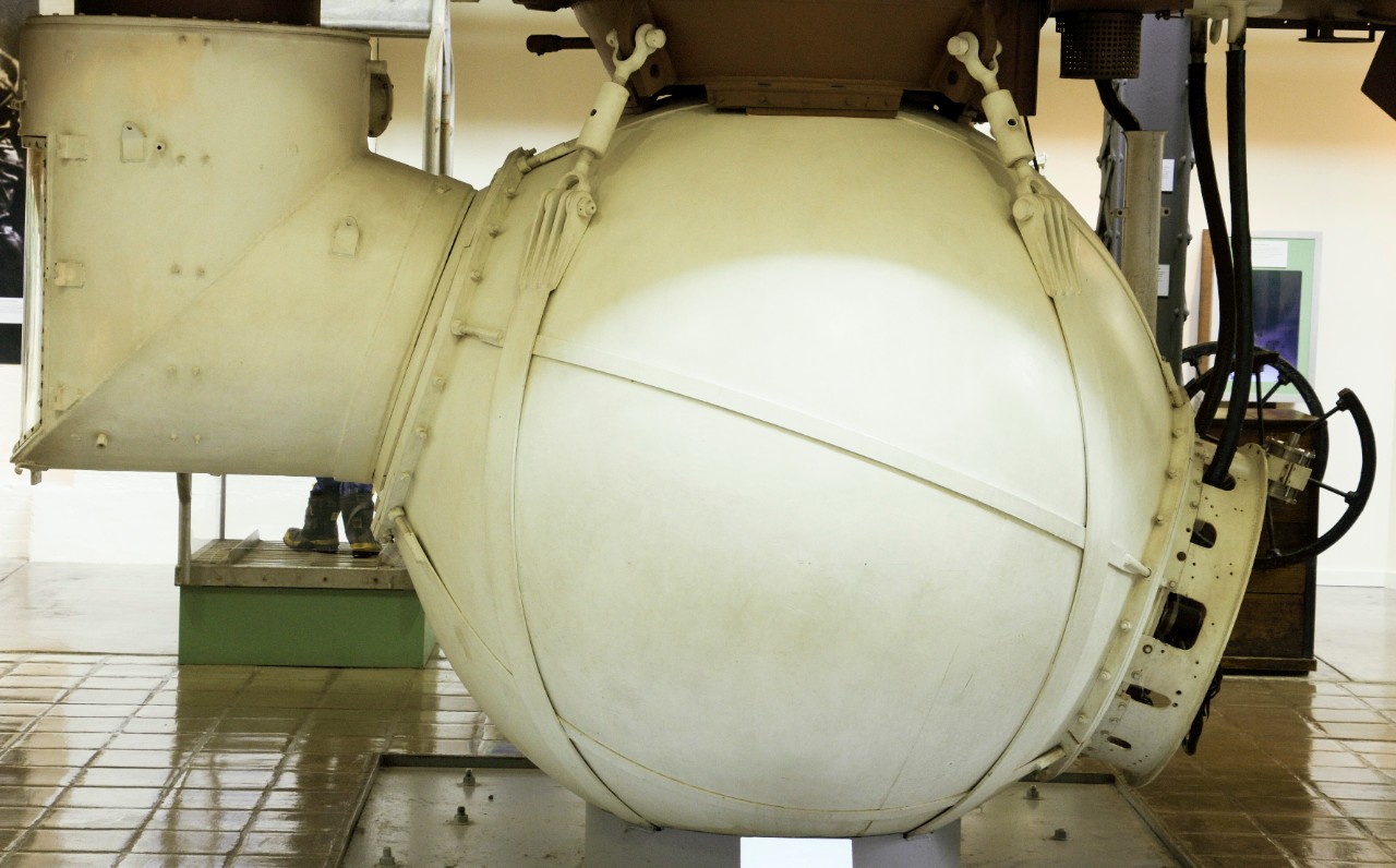 Side view of pressure sphere attached to bathyscape trieste