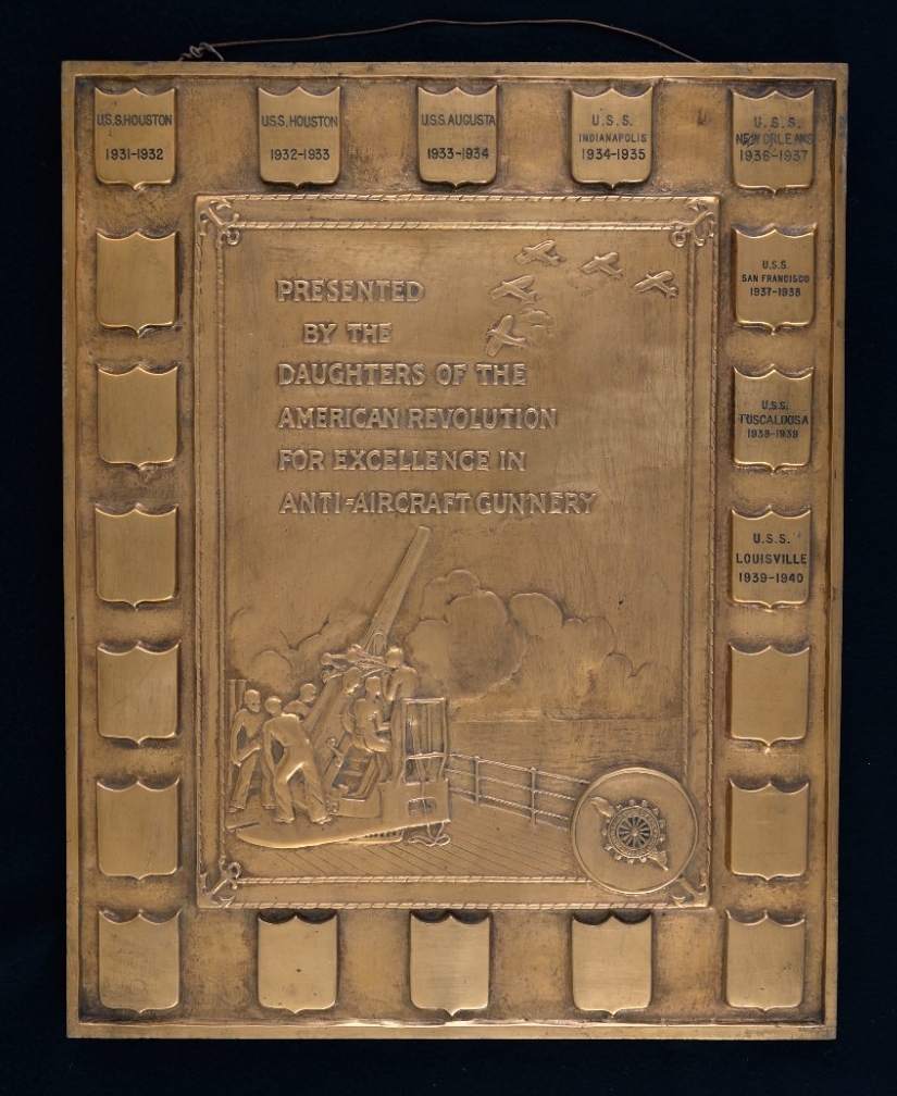 Bronze Plaque given to the ship with excellence in Gunnery from the Daughters of the American Revolution