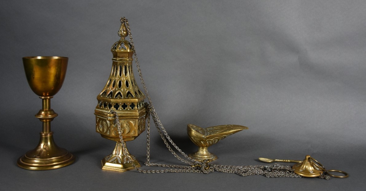 Set includes a chalice, censerincense boat, and incense spoon.  