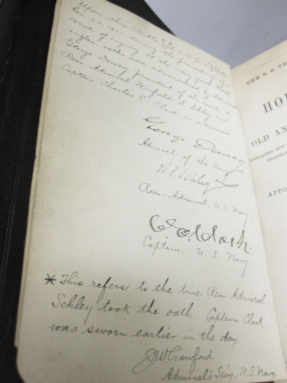Interior view of Bible used at Court of Inquiry, has signature of George Dewey