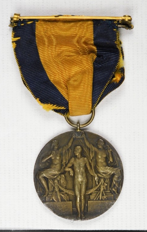 1912 Olympic Bronze Medal of Carl T Osburn Reverse view with blue and yellow ribbon pin and clasp and round planchette