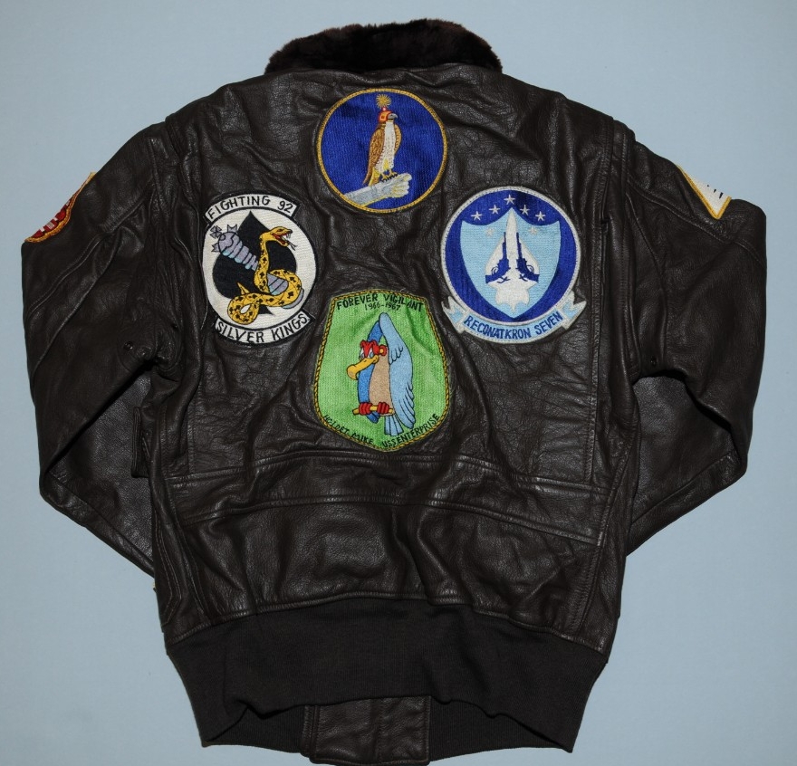 Rear of Flight Jacket belonging to future CNO Holloway with Flight Patches