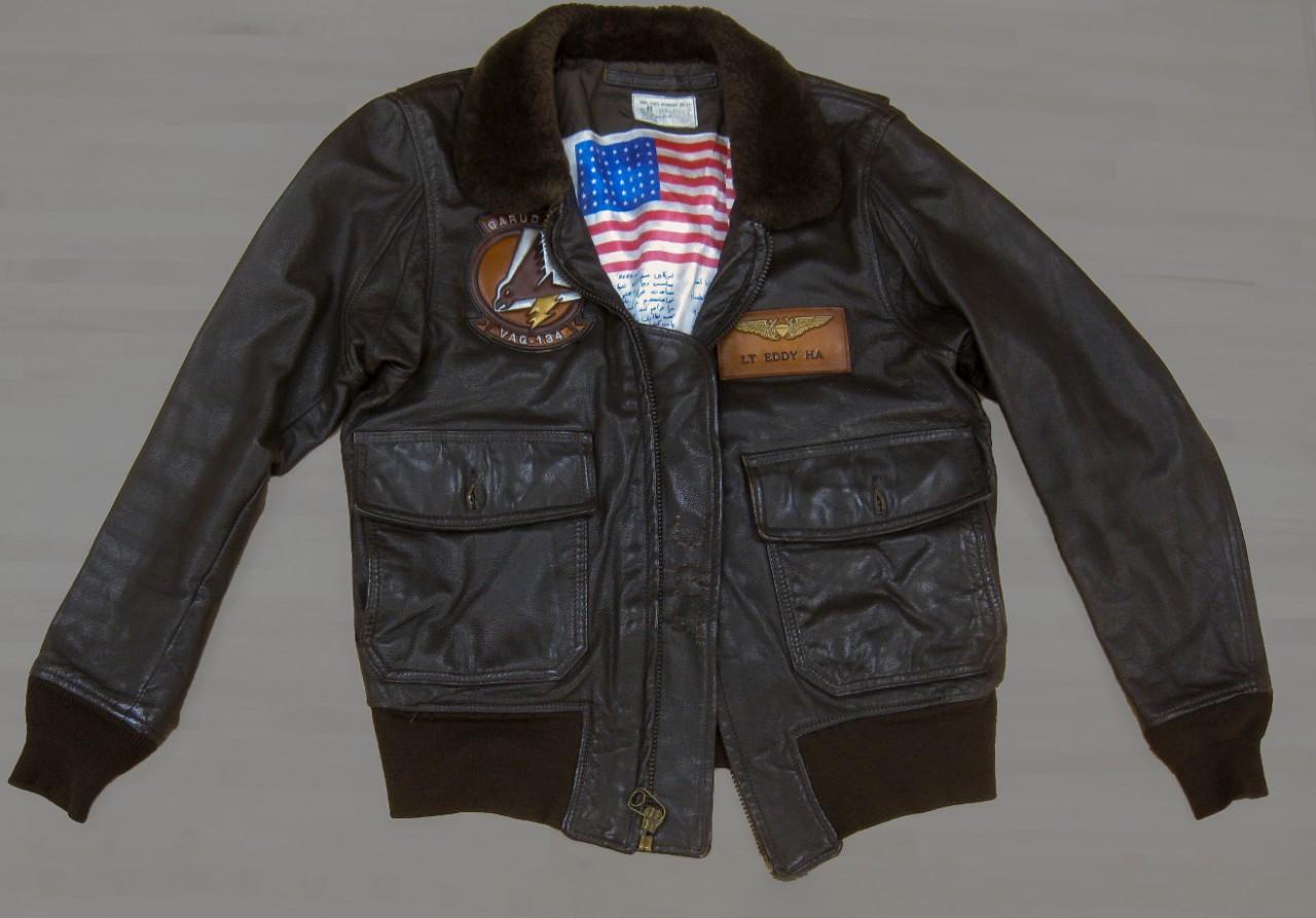 CDR Eddy Ha flight jacket, Leather with leather flight patch and nametag. interior contains silk blood chit