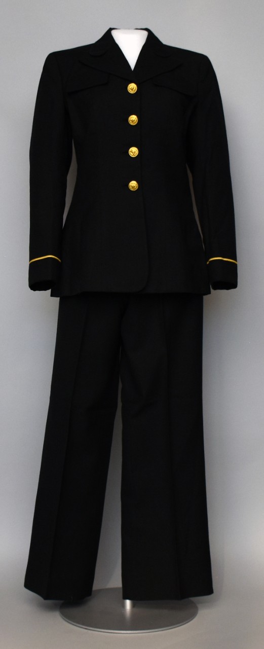 <p>&nbsp;</p><p style="margin: 0in 0in 0pt;">One female Midshipman Service Dress Blue uniform. Consists of a pair of dark blue trousers and a dark blue jacket. The jacket has first class rating on both sleeves and four brass buttons down the front.</p><div style="left: -10000px; top: 0px; width: 9000px; height: 16px; overflow: hidden; position: absolute;"><div>&nbsp;</div></div>