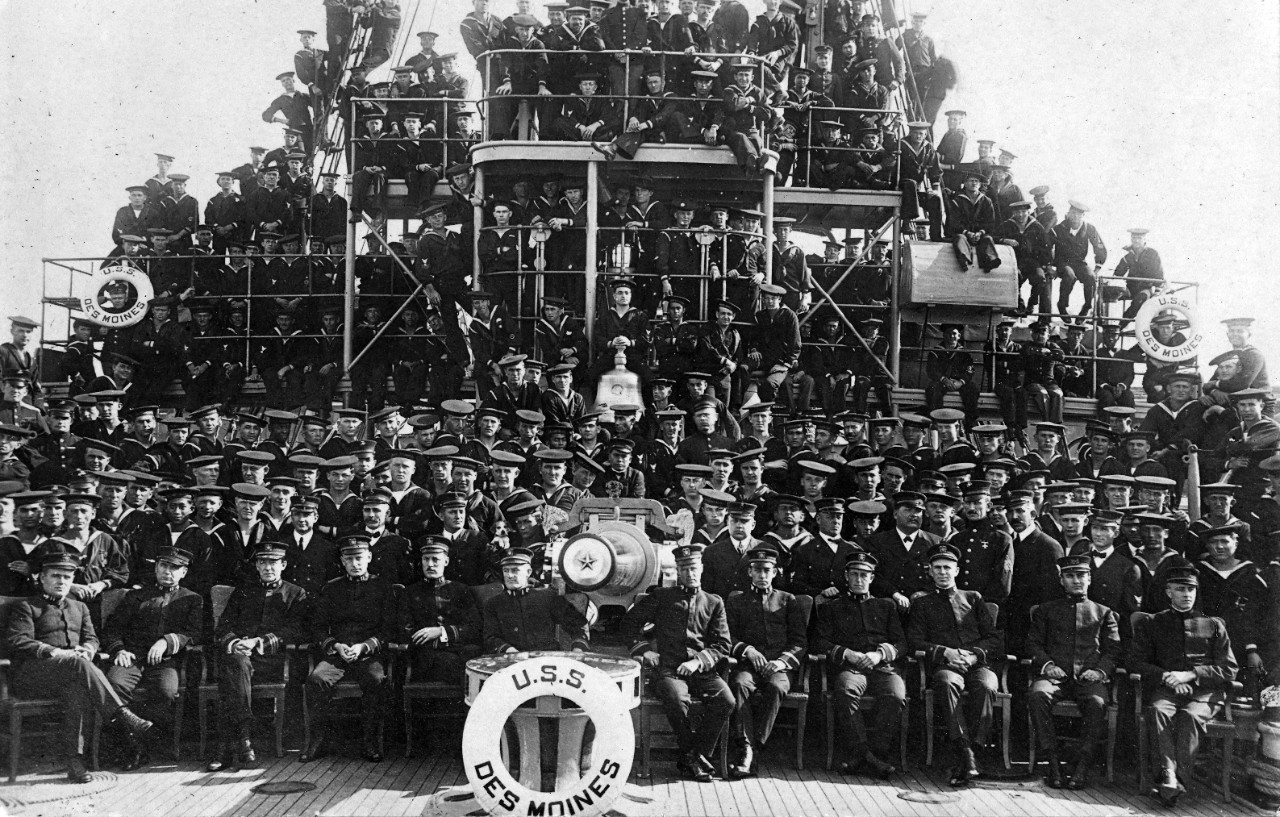Collection of 16 photographs related to the naval service (convoy duty & mine sweeper duty) of Adolph J. Weinsteiger aboard USS Des Moines (C-15), 1917-1919. Images include the officers and crew of USS Des Moines (C-15); mine sweeping off the coast of Barnegat, New Jersey (one photo notes that the ship was hit by a mine on October 12th at 12:00pm) and Maryland (including an image of a mine hoisted onboard ship); and images of sailors playing football in Alexandria, Egypt, 1916 (between 26 May 1915 and 25 April 1917, USS Des Moines protected American citizens and interests threatened in the Middle Eastern theater of war), and several portraits of Weinsteiger taken in various countries (Egypt, Italy, and USA).