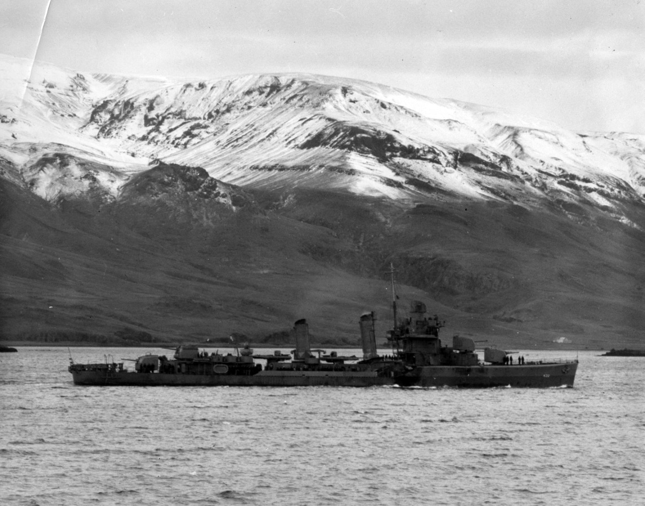 The USS Kearney (DD-432) stands in, Hvalfjordur, Iceland, October 19, 1941. The torpedos hit under her No.1 stack in the forward fire room - note the hole. From the VADM Robert C. Giffen Photo Collection. 