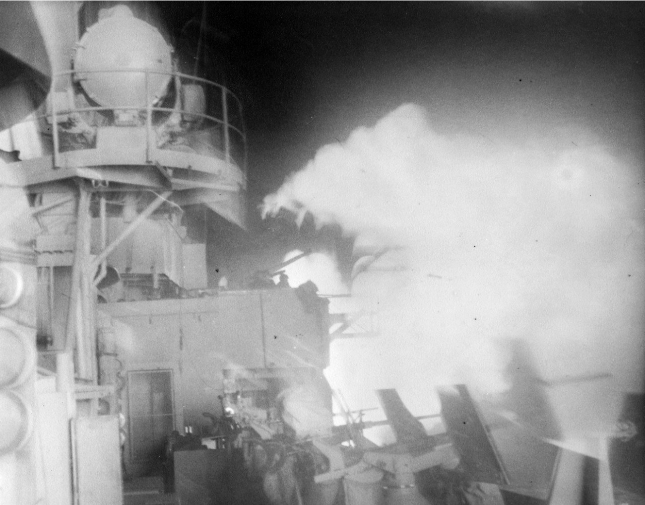 Unidentified ship participating in a night bombardment south of Kiska, July 25, 1943. From the VADM Robert C. Giffen Photo Collection. 