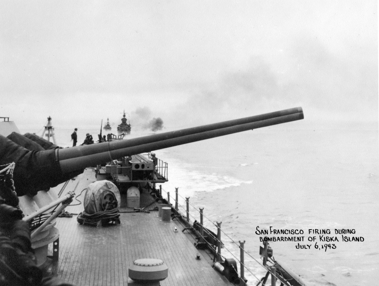 USS San Francisco (CA-38) firing during bombardment of Kiska Island, July 6, 1943. From the VADM Robert C. Giffen Photo Collection. 
