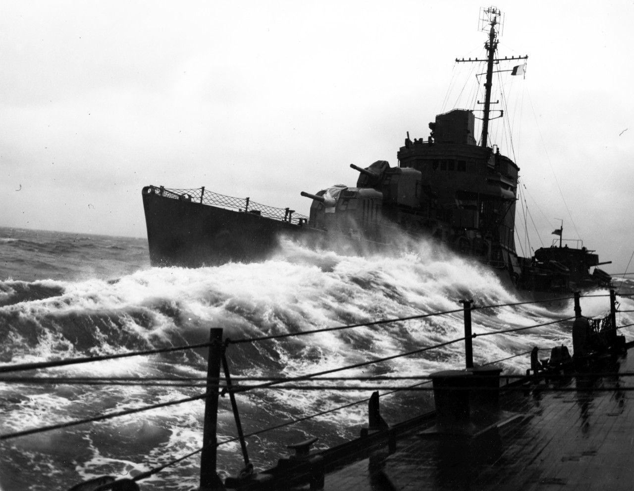 USS Bancroft (DD-598) in the Bering Sea under heavy weather, 1942. From the VADM Robert C. Giffen Photo Collection. 