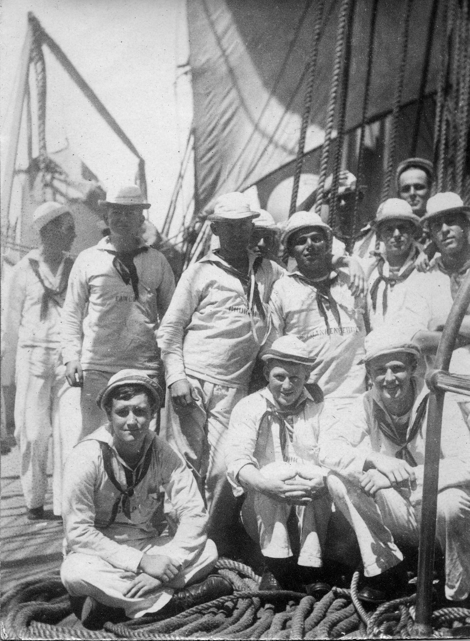 Midshipmen aboard a training vessel, included are: Arthur Sears, Hugo Frankenberger, Isaac Dortch, Clarence Grace, Ross Culp, Henry Orr, and James Gawne. The midshipmen are part of the Naval Academy class of 1905. Image is from the Clarence Grace Collection.