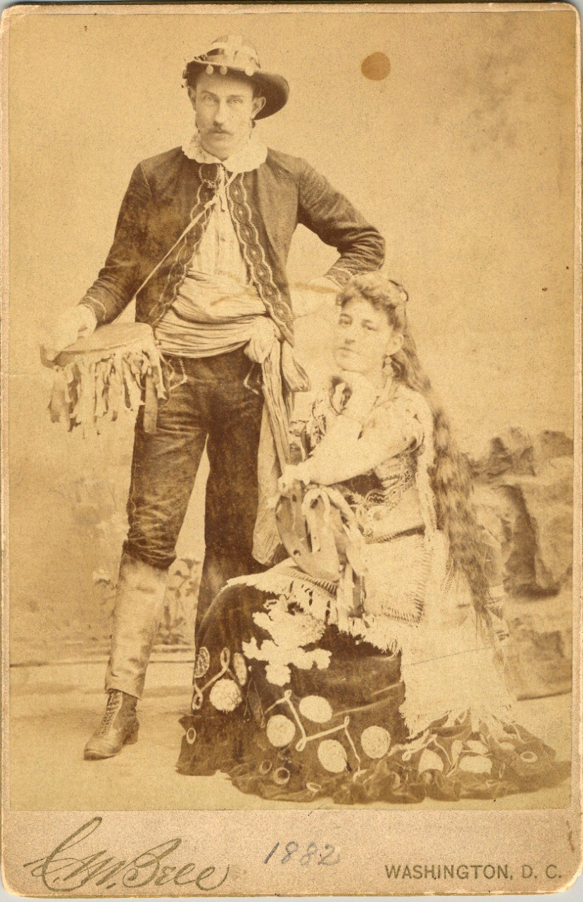 One cabinet card showing Ensign (later Admiral) Hugh Rodman with a woman known as “Big Mary” Wilson at a costume party in 1882. Back of the card has a newspaper clipping about Admiral Rodman glued to it.