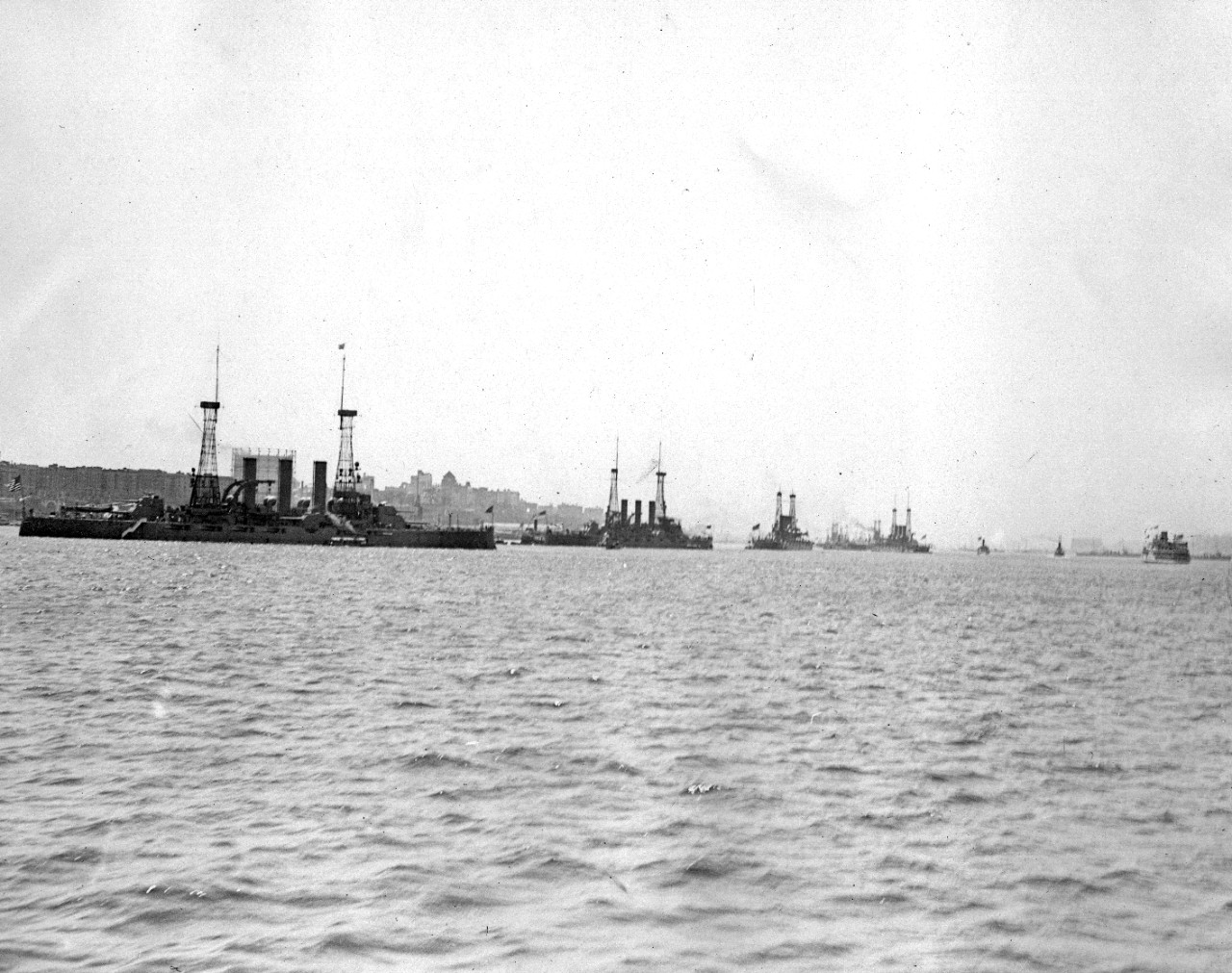 9 glass plate negatives donated by Carl S. Meyer. Shown are US Navy battleships a destroyer, and an admiral’s launch at the 1915 Fleet Review in New York Harbor. Ships seen include USS New Hampshire (BB-25), USS North Dakota (BB-29), USS New York (BB-34) or USS Texas (BB-35), and USS Arkansas (BB-33) or USS Wyoming (BB-32). Copy prints included.