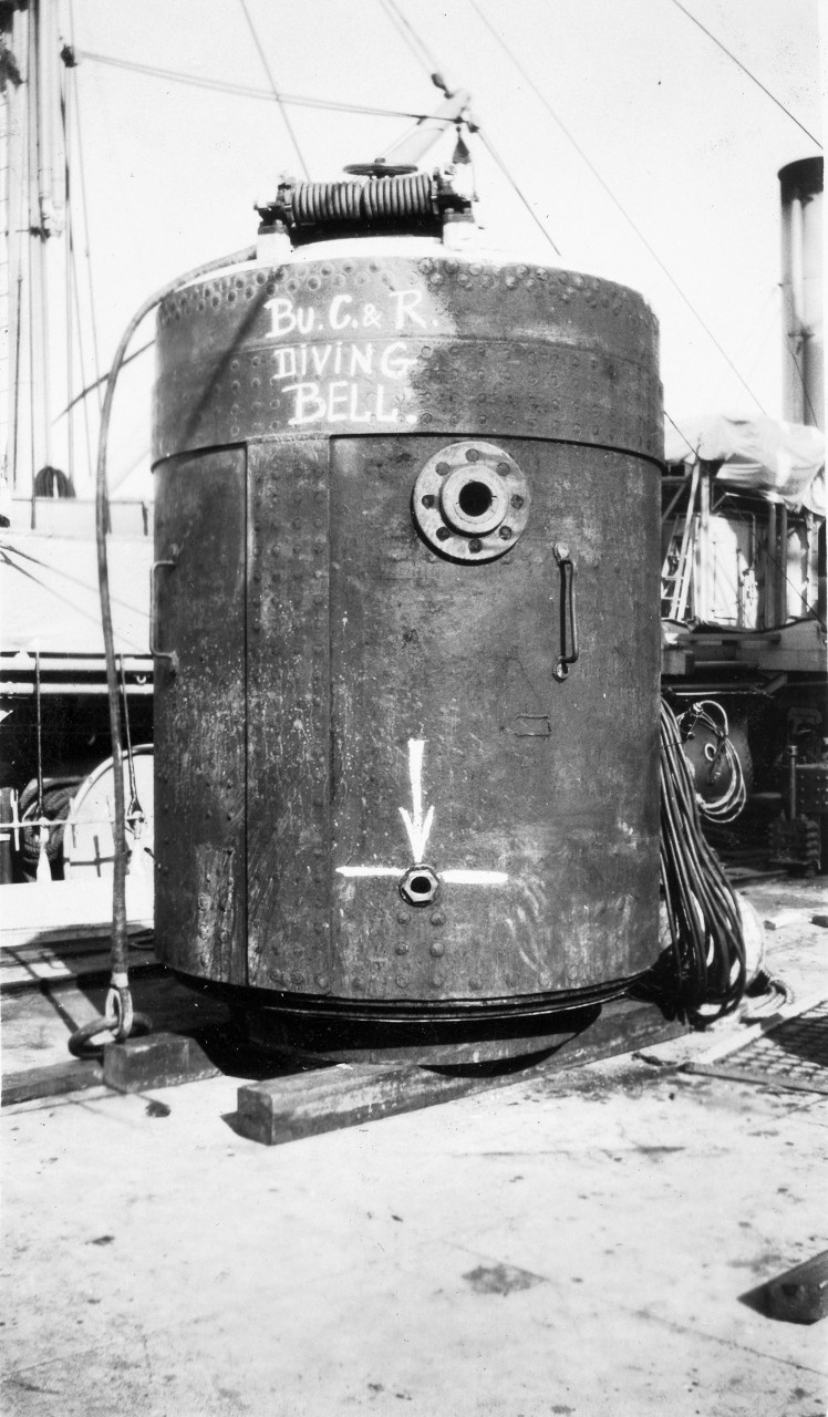 Bu. C & R diving bell on the deck of the submarine rescue ship USS Falcon (ASR-2). 