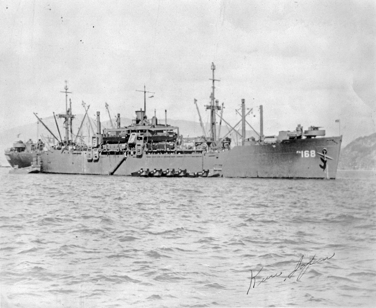 2 black and white photos of USS Gage (APA-168) circa World War II
