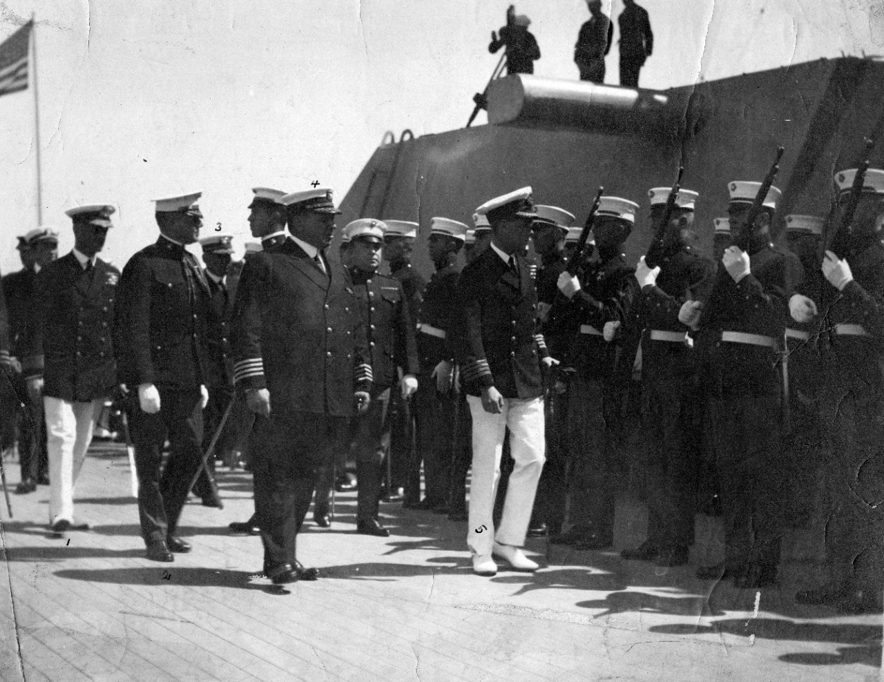 4 photographs depicting the visit of Edward, Prince of Wales to USS New Mexico (BB-40) in San Diego, California in 1920 (FILED: OVERSIZE PRINTS) Personnel: Captain A.L. WILLARD, USN; Rear Admiral Sir Lionel HALSEY, R.N.; Vice Admiral C.S. WILLIAMS, USN; Major H.T. WIRGMAN, USMC; Commander E. TINNEY, USN.