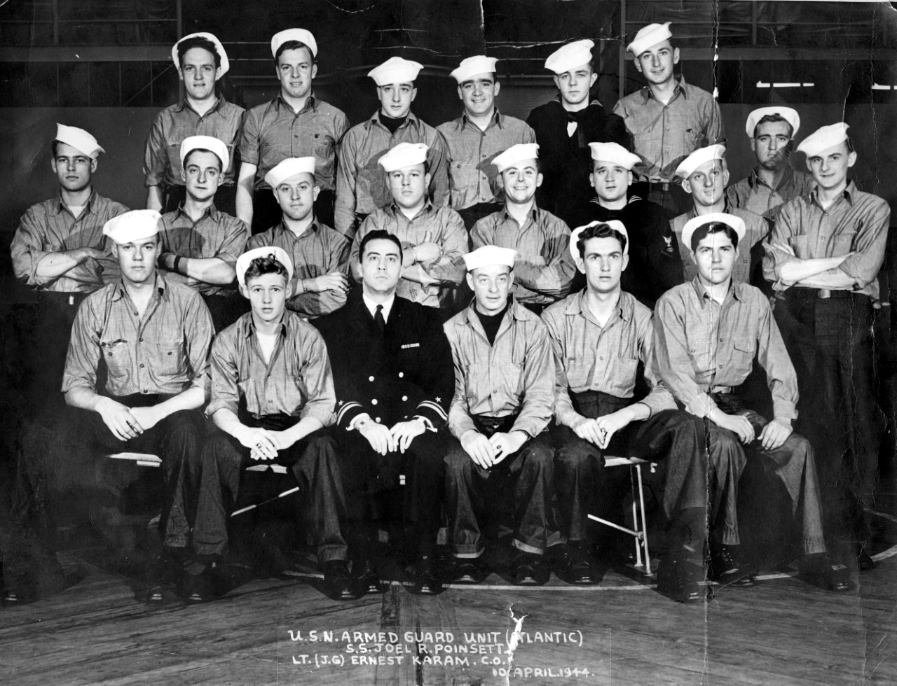 Collection of 19 photos and one telegraph related to the naval service (1941-1963) of James J. Stephens. Images include WWII era photos of Stephens with buddies/pals in a bar and posed portraits, as well as his later service posted at Naval Station Newport, RI. Photos at Naval Station Newport, RI (1957-1959) consist of general views of docked ships, USS Norris (DD-859), and onboard USS Pillsbury (DD-227). The most significant image in the collection is a large group photo of the crewmembers of the SS Joel R. Poinsett (USN Armed Guard Unit – Atlantic) dated April 10, 1944 – after she spilt in two during a storm on March 4, 1944. She broke in two during a storm 400 miles off the coasts of Nova Scotia and Newfoundland. All of the crew managed to escape with no deaths or injuries. A telegram dated February 17, 1944 sent from Stephens reads: “All well and safe. Please don’t worry. All my love”