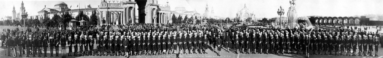 Single oversized image of a battalion of Apprentice Seamen from the US Naval Training Station – encamped at the Pan Pacific International Exposition in San Francisco, November 27, 1915. 