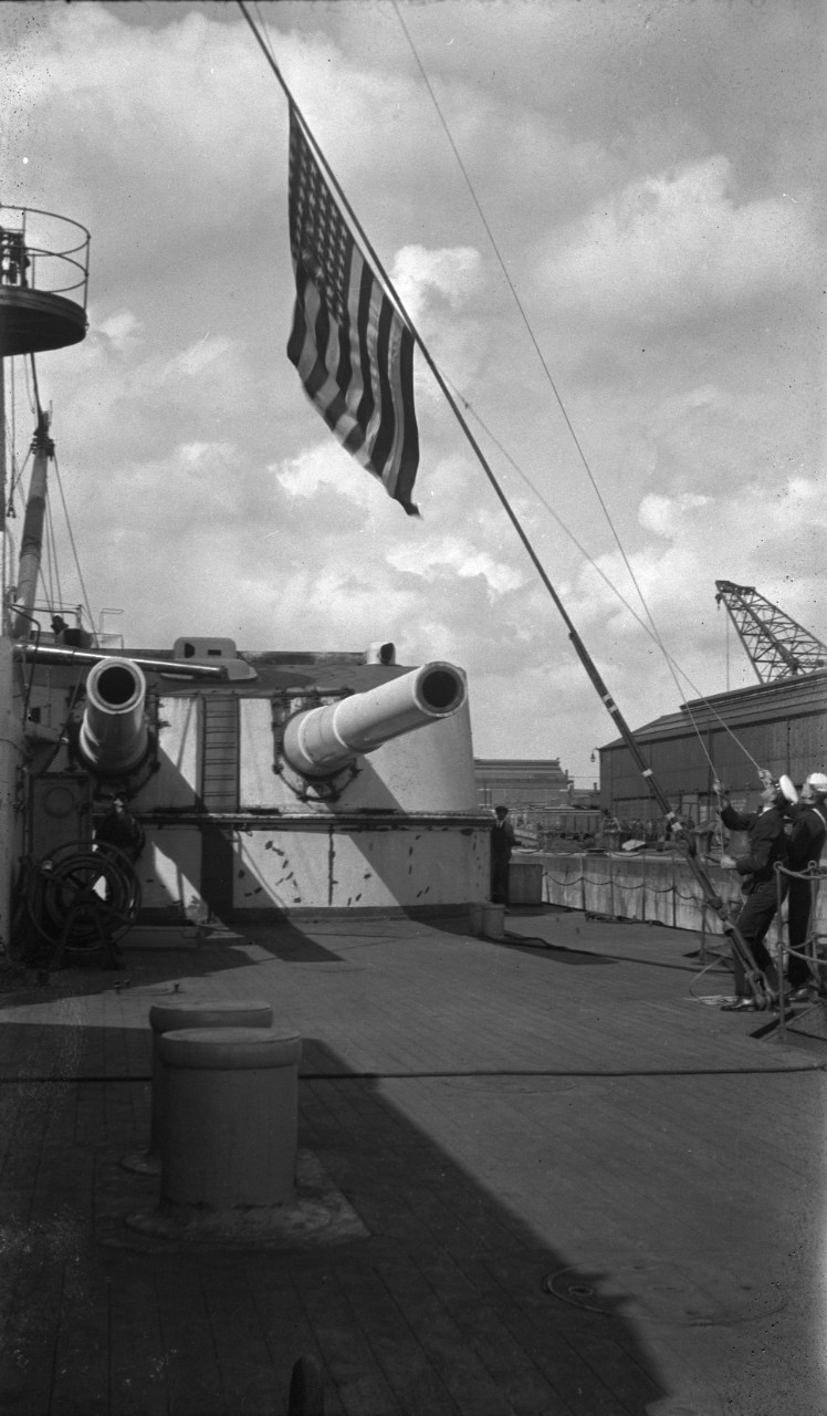 37 black and white negatives, taken circa World War I, donor unknown. Destroyers including USS Hovey (DD-208) and USS Chandler (DD-206); replacement of main gun barrels on unidentified battleship; unidentified personnel; dog mascot; raising the flag on board a battleship; Eagle boat; other unidentified ships, possibly British. Negatives developed by J.F. Duthie, Photographic Dealer, Edinburgh.