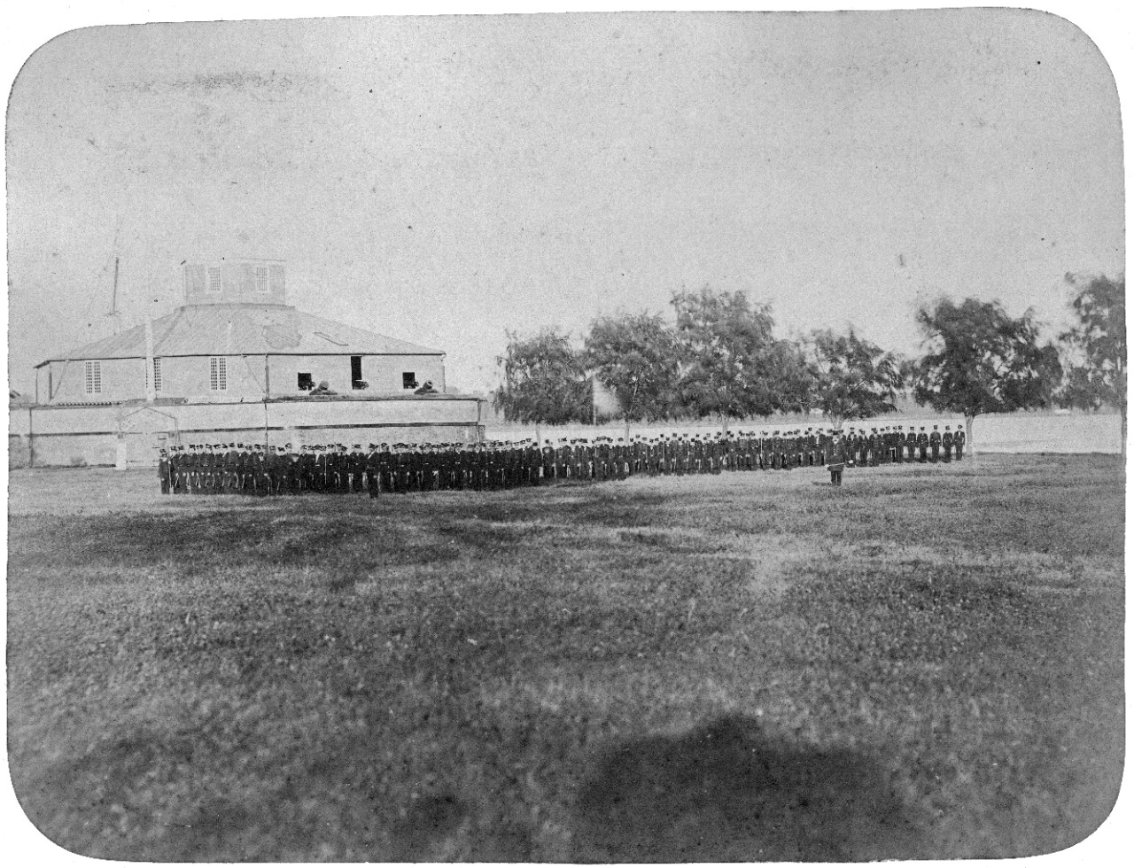 11 oversize photographs of the United States Naval Academy during the 19th century, donated by Miss Wadleigh to the Naval Historical Foundation in 1927, and later donated to the Naval History and Heritage Command. Scenes circa 1860 include: Superintendant’s House, Officer Quarters, Blake Row, Hospital, Recitation Hall, Midshipmen’s Quarters, Chapel, Mess Hall, Observatory, Mexican War Midshipmen’s Monument, midshipmen on parade, Dining Hall, Fort Severn. Scenes from later in the 19th century include: Armory, Gunnery Building. Photos by C.T. Jewell, Washington D.C., and Fischer and Bros., Baltimore, Maryland.