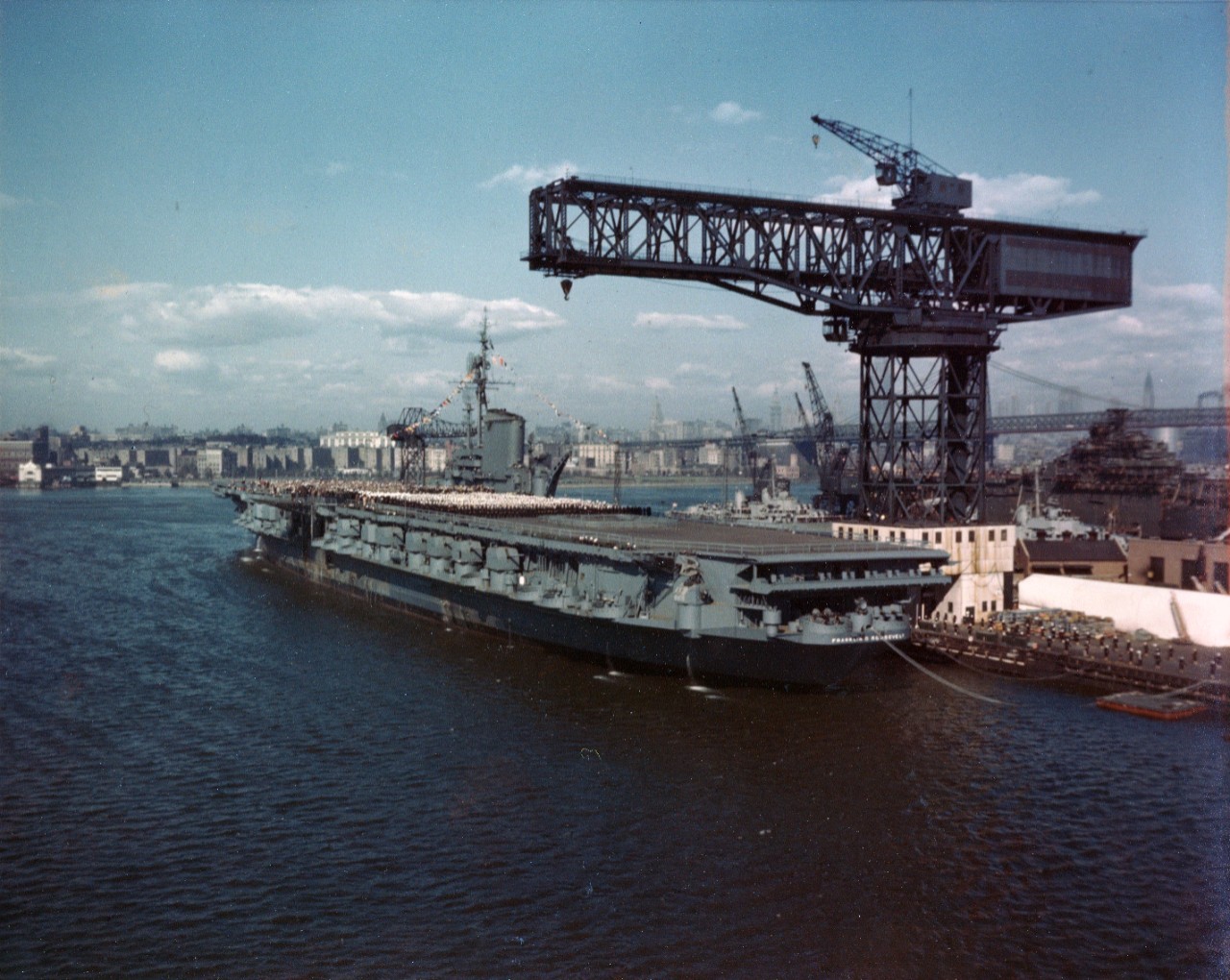 USS Franklin D. Roosevelt (CVB-42) commissioning ceremonies, at the New York Navy Yard, on Navy Day, 27 October 1945.