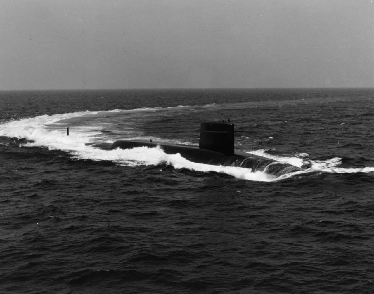 Starboard bow view of nuclear powered ballistic missile submarine USS Woodrow Wilson (SSBN-624) underway on the surface off the coast of South Carolina