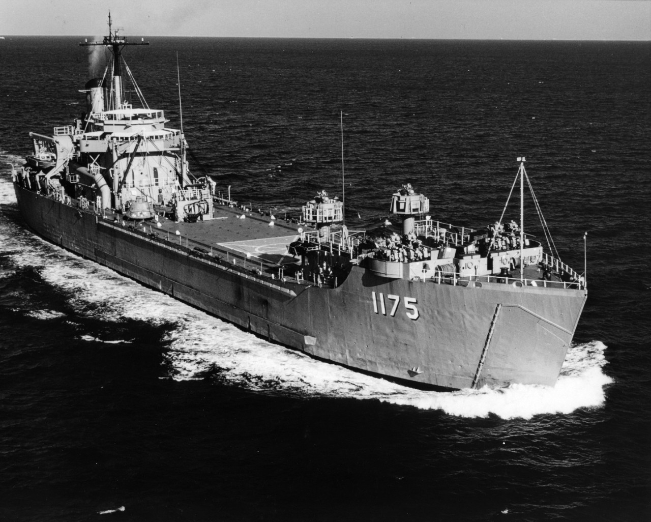 Starboard bow view of tank landing ship USS York County (LST-1175) underway off Hampton Roads, Virginia