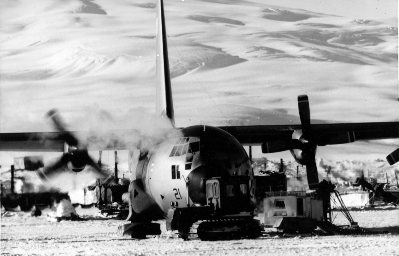 Williams Field - Antarctica, an LC-130F Hercules Cargo Transport Aircraft is readied for takeoff from the runway. The aircraft is assigned to Antarctic Development Squadron Six (VXE-6). October 21, 1969.