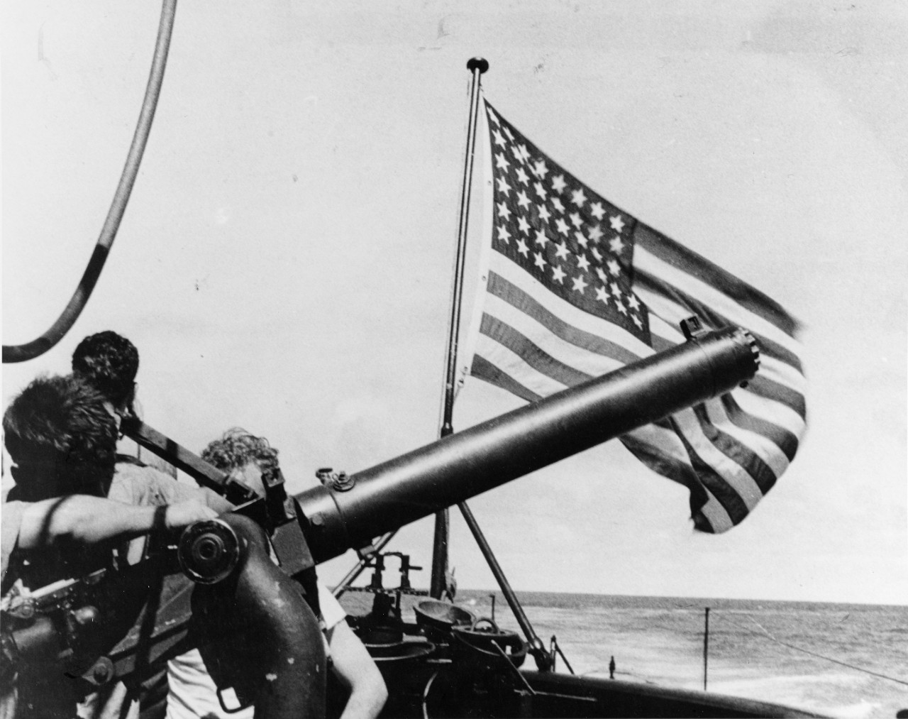.50 caliber machine gun in action on board USS Silversides (SS-236), in 1942.