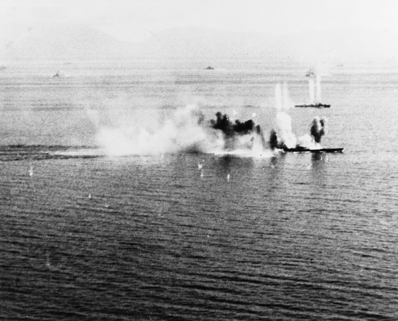 Japanese battleship Musashi under heavy attack during the Battle of the Sibuyan Sea, 24 October 1944.