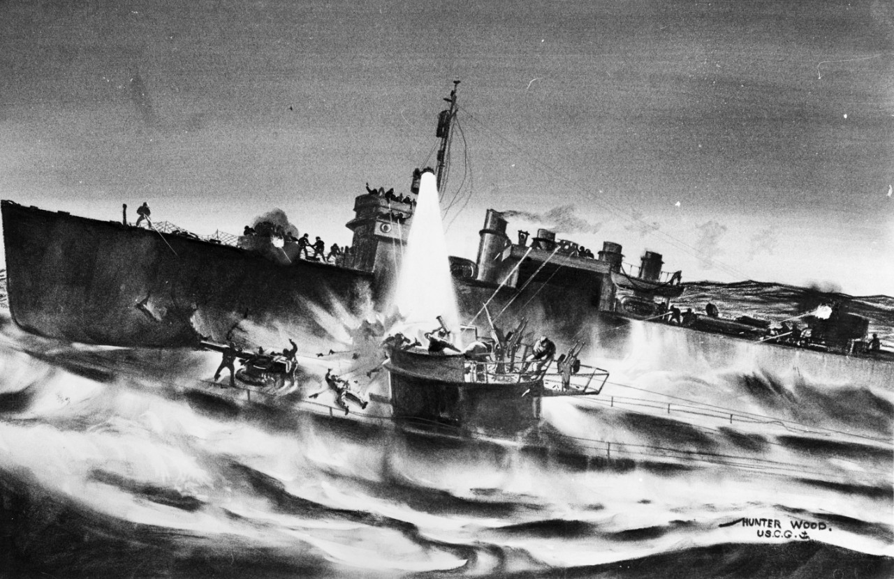 Painting of the action between USS Borie (DD-215) and German submarine U-405 in the Atlantic, 1 November 1943. Borie rammed and sank the U-Boat, but was so badly damaged herself that she had to be scuttled. Painting by US Coast Guard artist Hunter Wood, 1943.